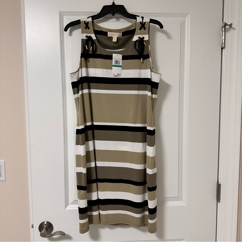 Michael Kors Sleevless Striped Dress Shoulder Lace-Up Details NWT
